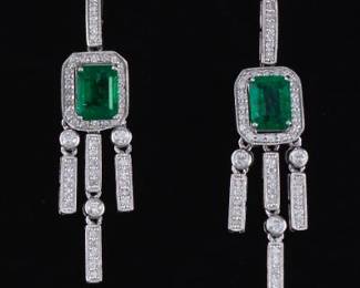 A Pair of Platinum Emerald and Diamond Earrings 