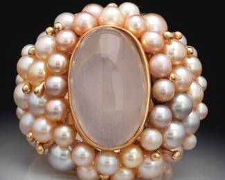 ANDY G Impressive Gold, Rose Quartz and Pearls Dome Cluster Ring 