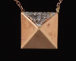 Ladies Gold and Diamond Pyramid Pendant on Chain Necklace 