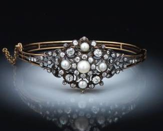 Victorian Natural Pearl and Diamond Bracelet, ca. 1890, With Pearl Choker 