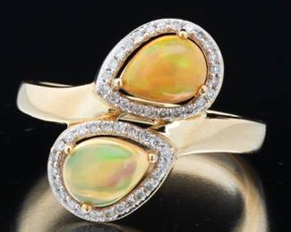 Ladies Gold, Opal and Diamond Bypass Ring 