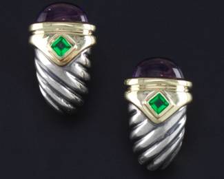 David Yurman Pair of Gold, Sterling Silver, Amethyst and Green Tourmaline Earrings 