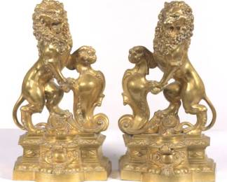 Pair of Bronze Lion Chenets