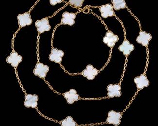 Gold and Mother of Pearl Clover Necklace, Signed with Box 