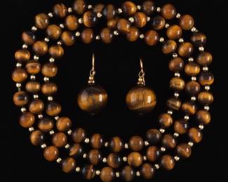 Ladies Gold and Tiger Eye Necklace with Pair of Gold Filled and Tiger Eye Earrings 