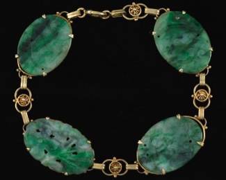 Ladies Vintage Gold and Chinese Carved Jadeite Jade Bracelet 