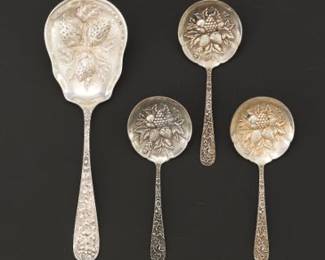 Three S. Kirk Son Sterling Berry Spoons and Stieff Large Sterling Berry Serving Spoon 