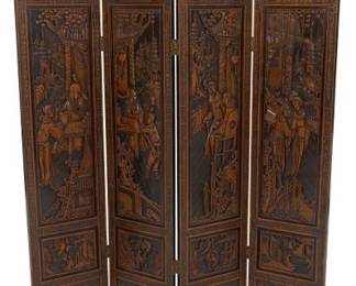 Chinese Carved Wood Four Panel Screen
