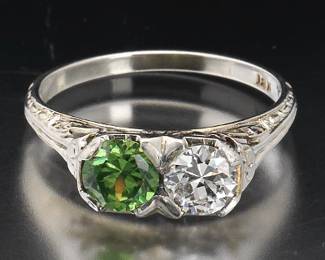 Ladies Edwardian Gold, Demantoid Garnet and Diamond Ring 
