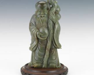 Chinese Carved Jade Boulder Sculpture of God of Immortality Shou Lao, on Wood Stand 
