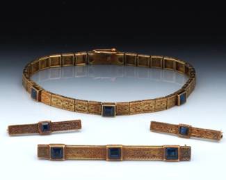 Victorian Gold and Blue Sapphire Four Piece Set of Brooches and Bracelet 