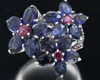 Ladies Iolite and Pink Tourmaline Flower Cocktail Ring 