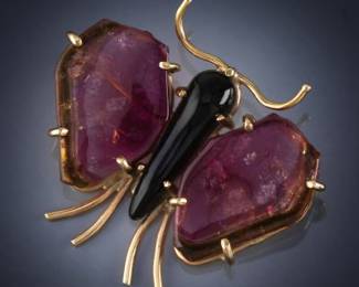 Vintage Watermelon Tourmaline and Gold Butterfly 