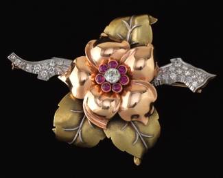 Spectacular Retro TriColor Gold, Diamond and Ruby Floral Pin Brooch 
