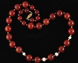Ladies Gold Filled, Sterling Silver, Carnelian and Pearl Necklace 