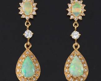 Pair of Opal and Diamond Pendant Earrings 