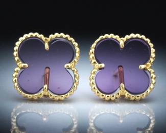 A Pair of Gold and Purple Stone Clover Earrings