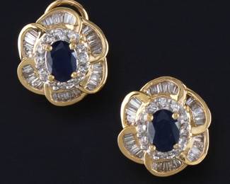 Ladies Pair of TwoTone Gold, Blue Sapphire and Diamond Earrings 