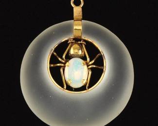 Ladies Gold, Opal and Frosted Camphor Glass Spider Pendant 