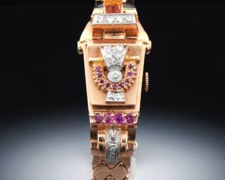 Ladies Retro Gold, Platinum, Diamond and Ruby Bracelet with Hidden Watch 