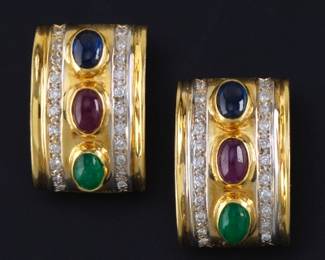 Ladies Pair of Gold, Diamond and Gem Stones Ear Clips