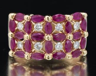 Ladies Gold, Ruby and Diamond Wide Ring 