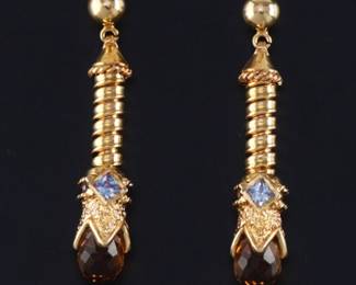 Ladies Pair of Gold, Amber Citrine and Tanzanite Dangle Earrings 