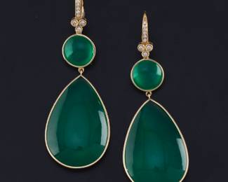 Ladies Pair of Gold, Chrysoprase and Diamond Dangle Earrings 