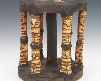 African Ritual Carved Wood and Bone Stool 