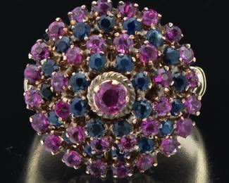 Ladies Vintage Gold, Blue Sapphires and Ruby Siam Princess Articulated Ring 