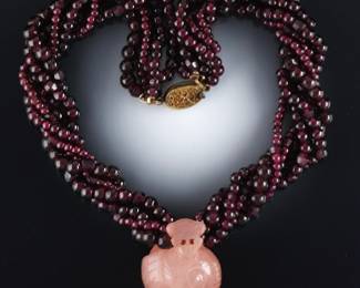 Chinese Carved Rose Quartz Adorable Snail Pendant on Garnet Beads Torsade Necklace 