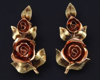 Ladies Pair of Arts and Crafts TriColor Gold Floral Earrings