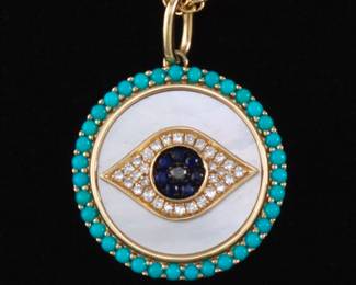 EFFY Gold, Diamond, Blue Sapphire, Turquoise and Mother of Pearl Protective Eye Against Evil Pendant on Italian Chain 