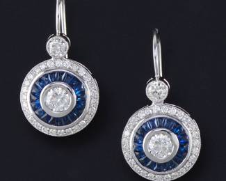 Ladies Pair of Art Deco Style Gold, Blue Sapphire and Diamond Earrings 