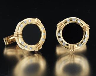 Pair of Gold, Diamond and Black Onyx Bvlgari Style Cufflinks 