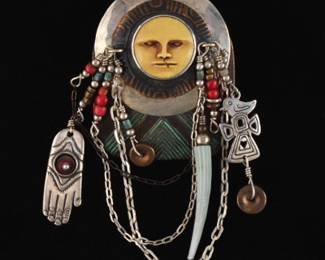 Tabra Artisan Sterling Silver, Mix Metals, Enamel and Beads Protective Talisman Pin Brooch 