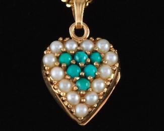 Ladies Gold, Turquoise and Seed Pearls Heart Locket Pendant on Chain 