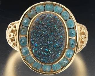 Ladies Gold, Blue Stone and Druzy Ring 
