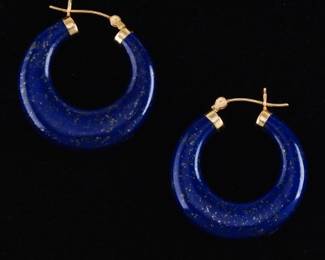 Ladies Pair of Gold and Carved Lapis Lazuli Hoops 