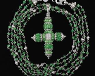 Ladies BARAKA Italy Gold and Emerald Elaborate Cross on Fancy Chain 