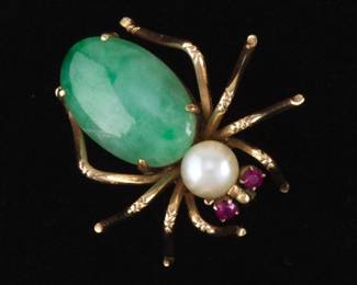 Ladies Vintage Gold, Natural Jadeite Jade, Pearl and Ruby Spider Pin Brooch 