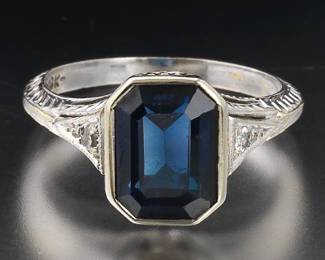 Ladies Art Deco Gold, Blue Sapphire and Diamond Ring 