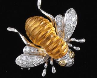 Ladies Gold, carved Citrine and Diamond Bee Brooch 