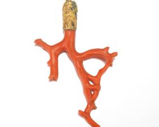 Chinese Antique Hammered Gold Bronze Dragon Finial and Coral Specimen Oversized Pendant 