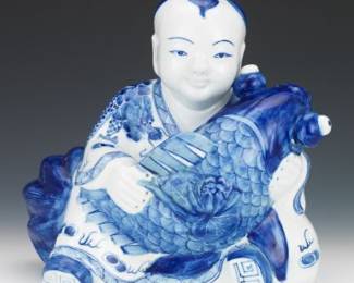 Chinese Large Porcelain Sculpture of Boy with Carp Fish 