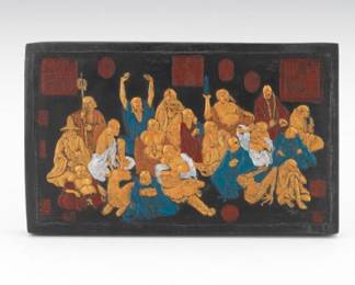 Chinese Faux Stone, Enamel and Gilt Plaque Eighteen Arhats, in Box, Made by Zi Mo Xuan the workshop Purple Ink, Qing Dynasty