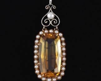 Ladies Antique Gold, Citrine and Seed Pearls Pendant on Snake Platinum Snake Chain 