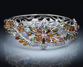 Multigemstone Floral Bangle Bracelet 