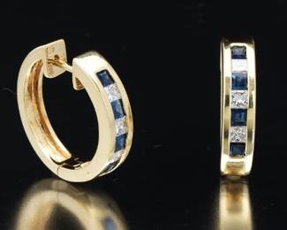Ladies Pair of Gold, Blue Sapphire and Diamond Hoops 