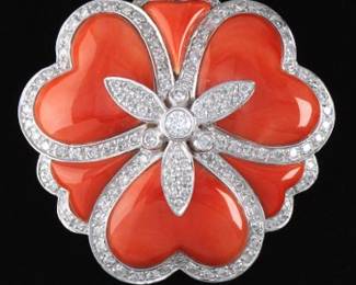 Vintage Coral and Diamond Flower Brooch 